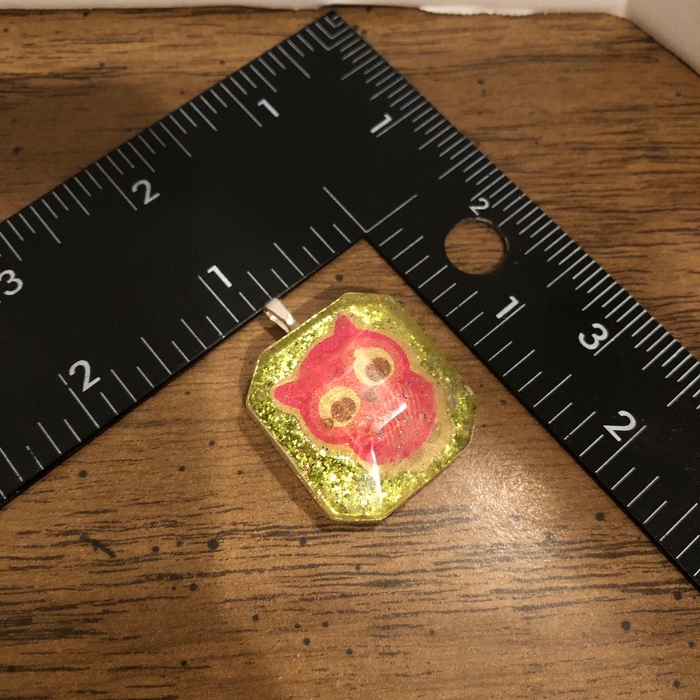 Handmade pink owl on green glitter resin charm